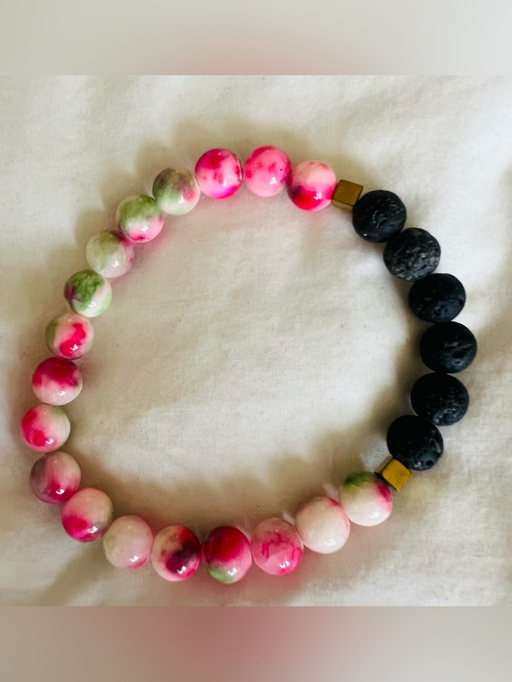 Beaded Bracelet in Pink, Green & Black lava stone